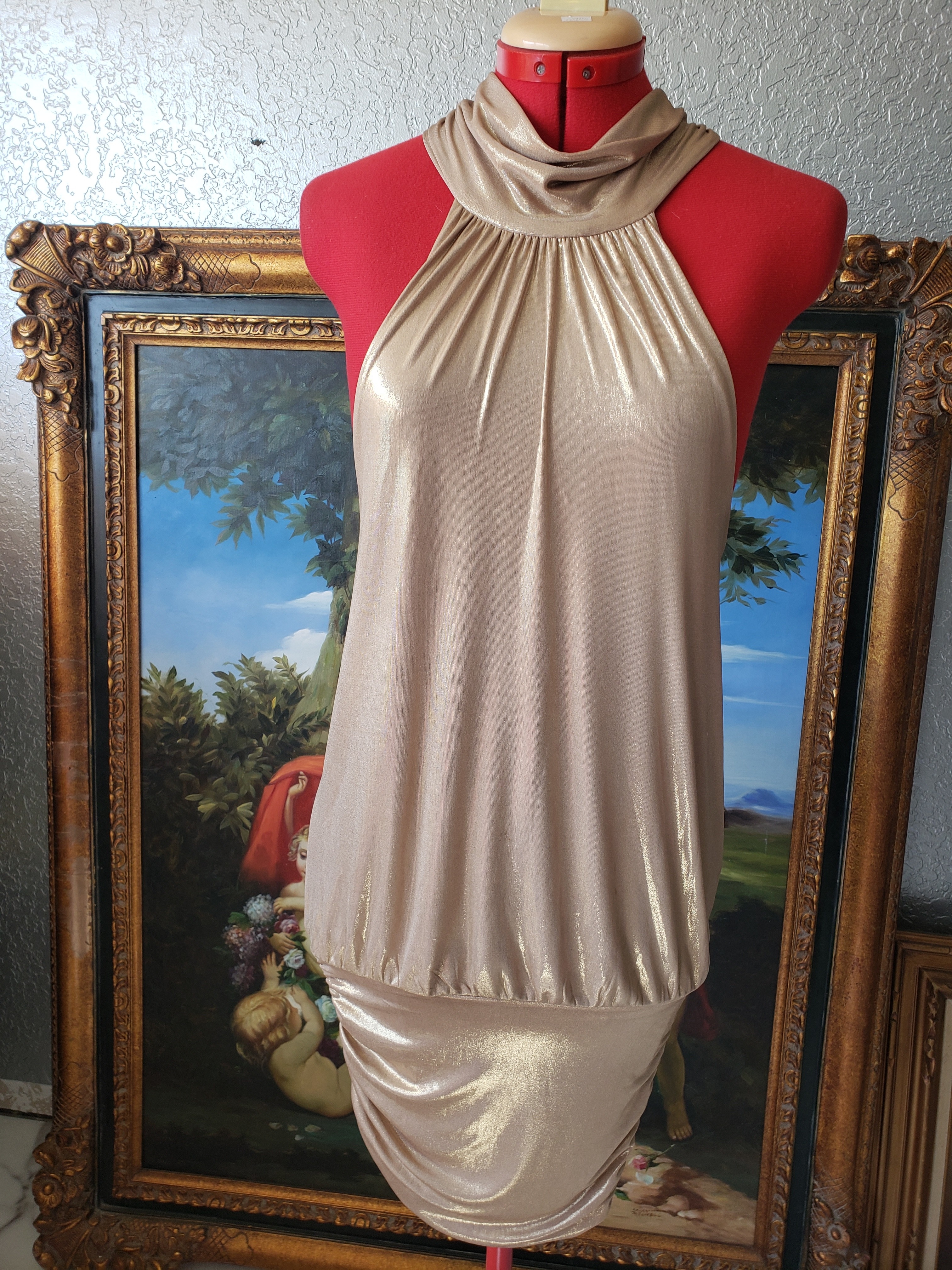 Bebe Shimmery Cream One-Shoulder Halter Dress